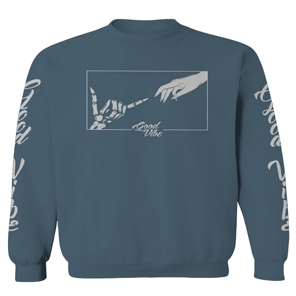 0395. Cool Vintage Aesthetic Graphic Good Vibe Bones Hand Shaka Michelangelo Art Hip hop Society Men's Crewneck Sweatshirt (Indigo Blue Medium)