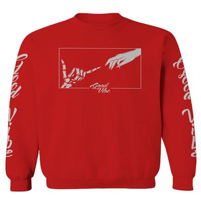 0395. Cool Vintage Aesthetic Graphic Good Vibe Bones Hand Shaka Michelangelo Art Hip hop Society Men's Crewneck Sweatshirt (Red, Small)