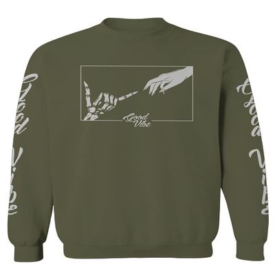0395. Cool Vintage Aesthetic Graphic Good Vibe Bones Hand Shaka Michelangelo Art Hip hop Society Men's Crewneck Sweatshirt (Olive Large)