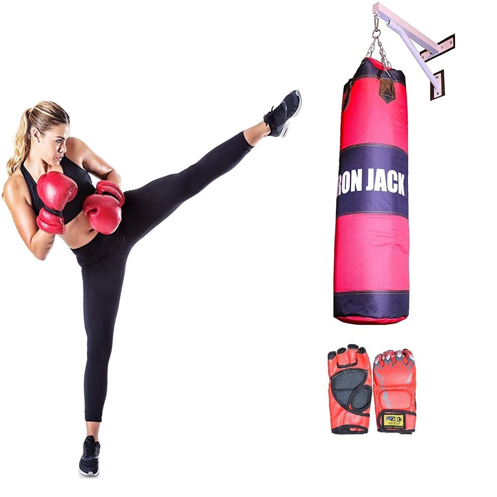Iron Jack Heavy Bag Boxing Punching Bag MMA Training Unfilled 3 in 1 Full Set, MMA Gloves, Wall Bracket Hanging Chain, Sandbag for Kickboxing, Karate, Muay Thai, Martial Arts - Canvas Training Bag