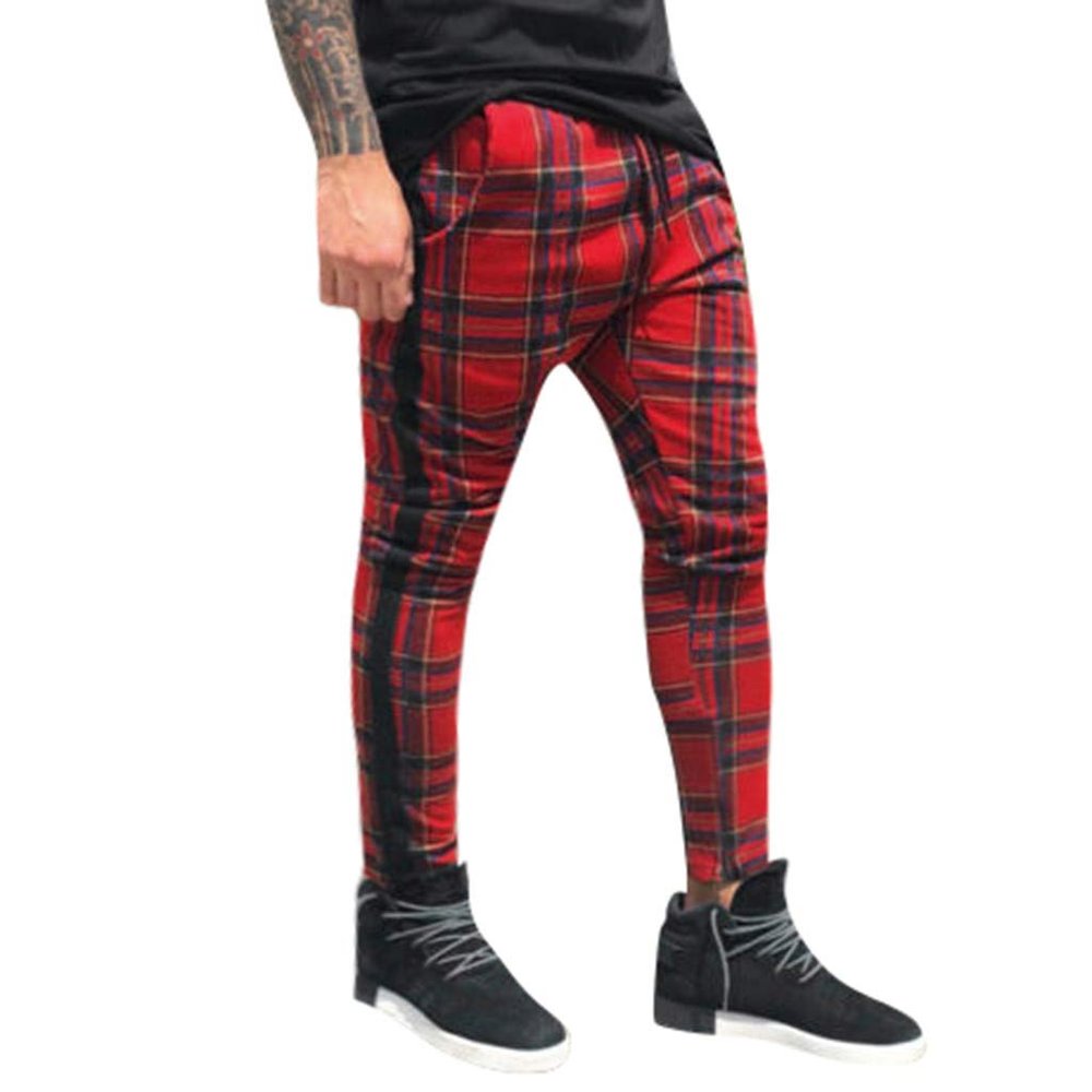 Maryia Men's Casual Plaid Trousers Flat-Front Skinny Slim Fit Track Chino Pants Running Sport Joggers Sweatpants