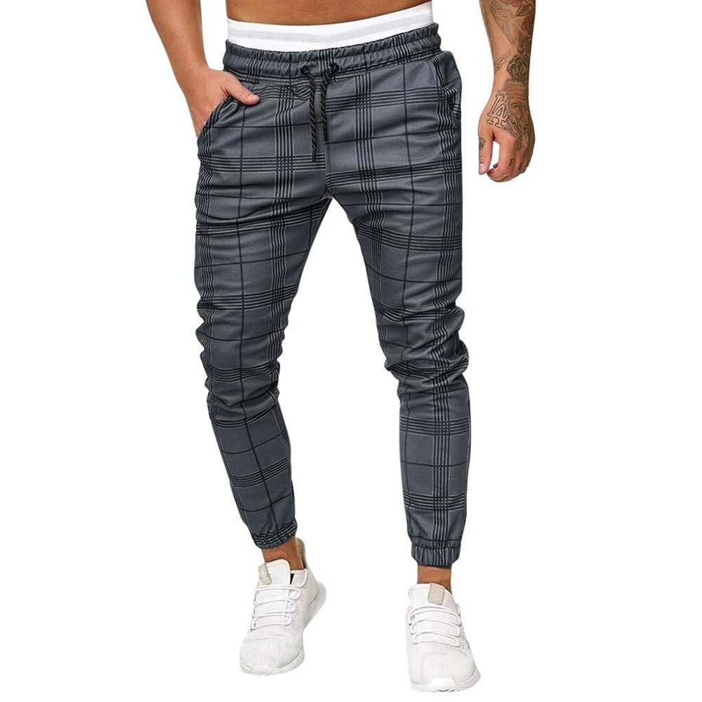Maryia Men's Casual Plaid Trousers Flat-Front Skinny Slim Fit Track Chino Pants Running Sport Joggers Sweatpants