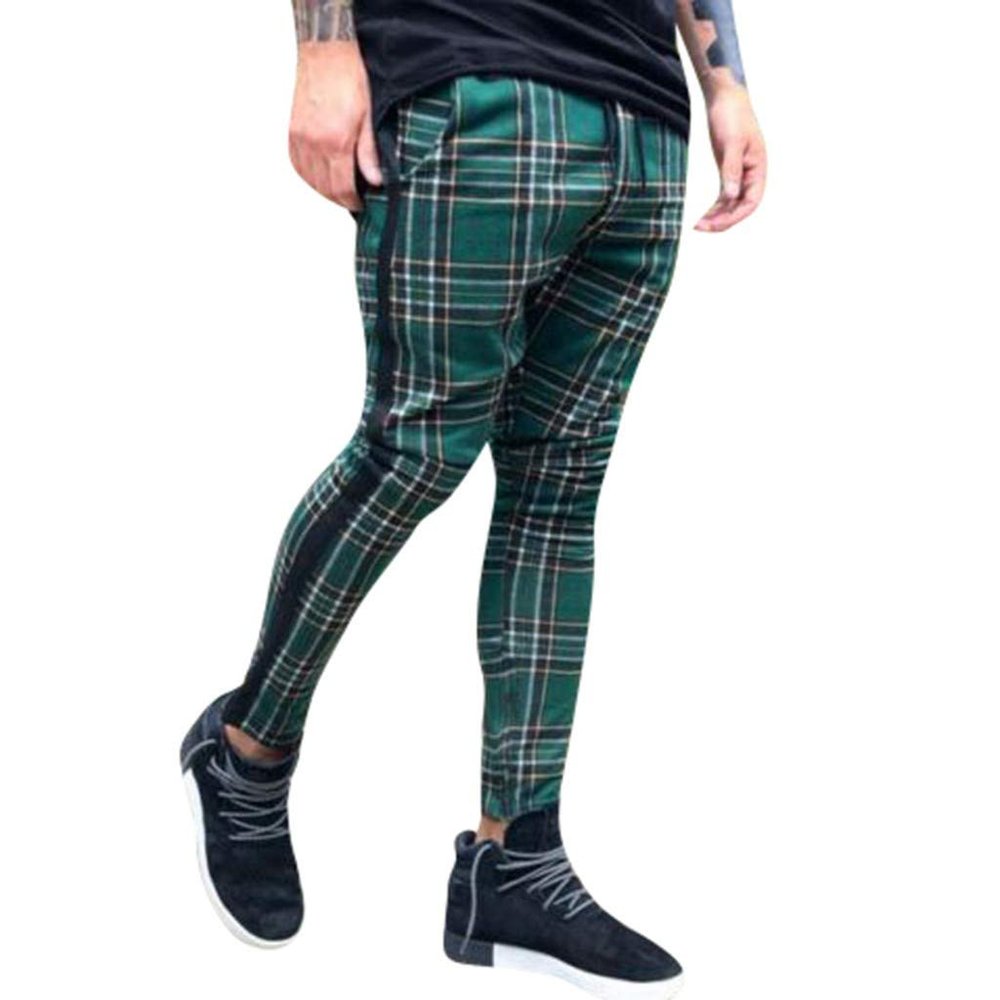 Maryia Men's Casual Plaid Trousers Flat-Front Skinny Slim Fit Track Chino Pants Running Sport Joggers Sweatpants