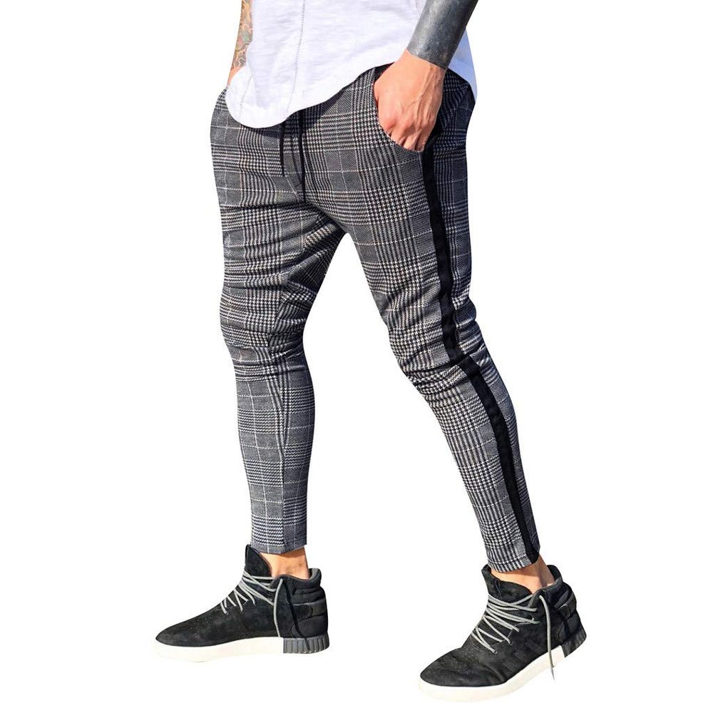 Maryia Men's Casual Plaid Trousers Flat-Front Skinny Slim Fit Track Chino Pants Running Sport Joggers Sweatpants