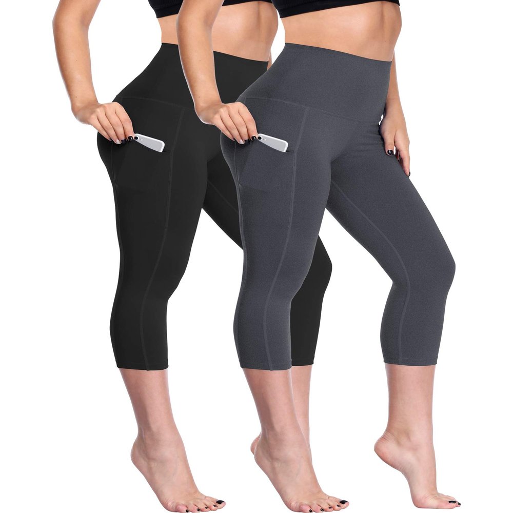 NELEUS Women's Yoga Capris Running Tummy Control High Waist Workout Leggings with Pockets,2 Pack,109,Black,Grey,M