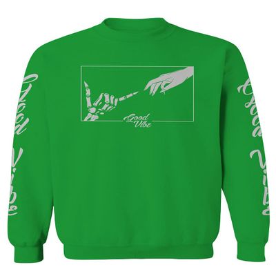 0395. Cool Vintage Aesthetic Graphic Good Vibe Bones Hand Shaka Michelangelo Art Hip hop Society Men's Crewneck Sweatshirt (Irish Green Medium)