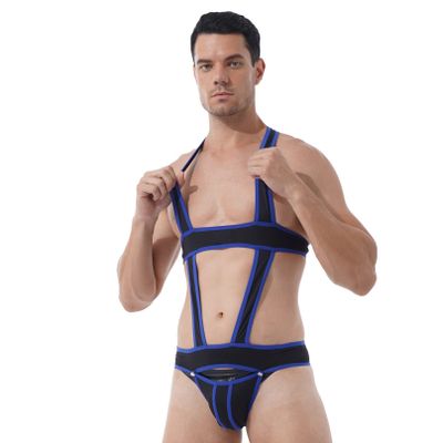 Agoky Mens Jockstrap Athletic Supporter Leotard Jumpsuits Wrestling Singlet with Removable Pouch Blue X-Large