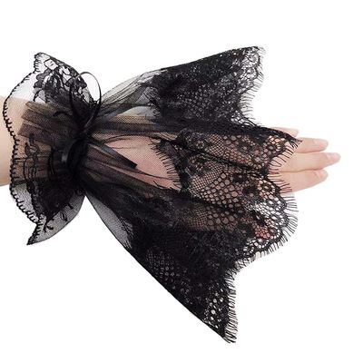 RUIXIA Women Elegant Short Lace Mesh Fingerless Gloves Vintage Gothic Wedding Cuffs for Brides Ladies Lolita Lace Gloves for Opera Tea Party 1920s Banquet Girls Costumes,Black,One Size