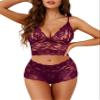 Lilosy Sexy Women Floral Lace Pajamas Lingerie Set High Waist Sheer Sleepwear See Through Nightwear Cami Shorts Bra and Panty 2 Piece Wine Red X-Large view 1