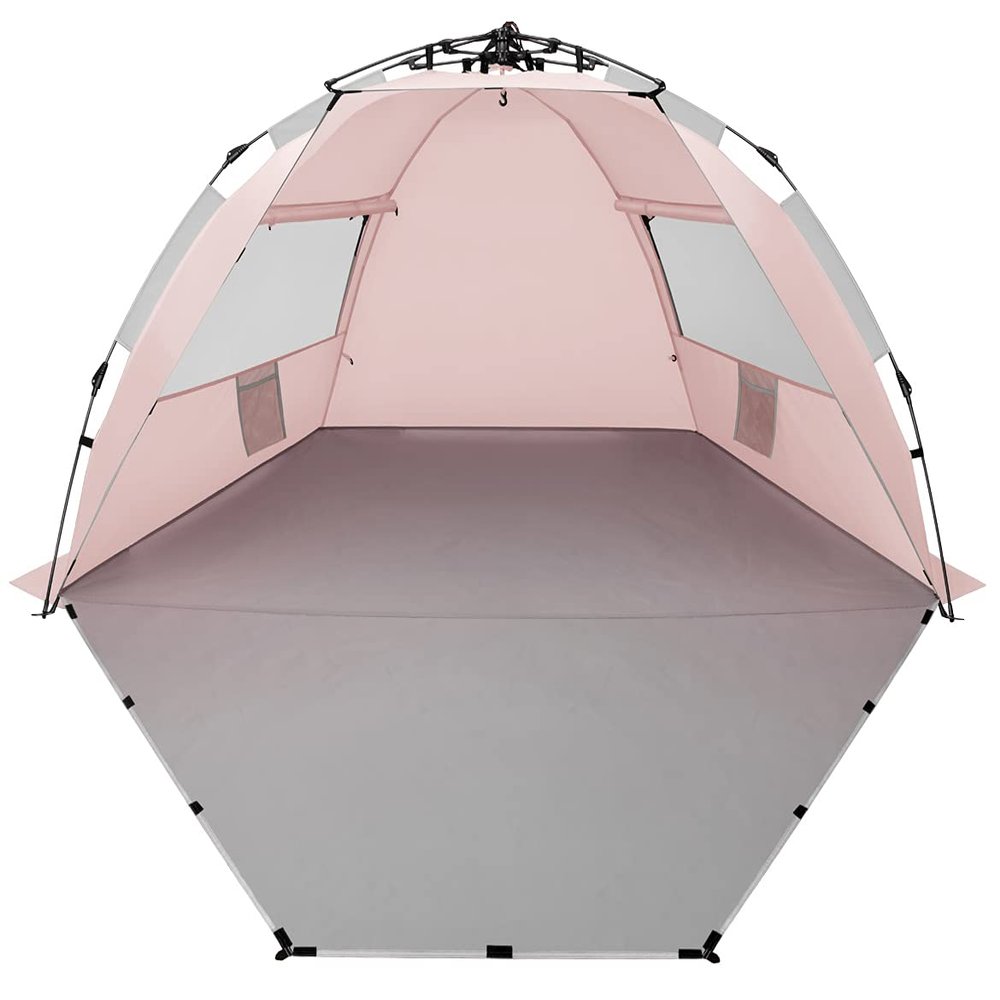 Oileus X-Large 4 Person Beach Tent Sun Shelter - Portable Sun Shade Instant Tent for Beach with Carrying Bag, Stakes, 6 Sand Pockets, Anti UV for Fishing Hiking Camping, Waterproof Windproof, Pink