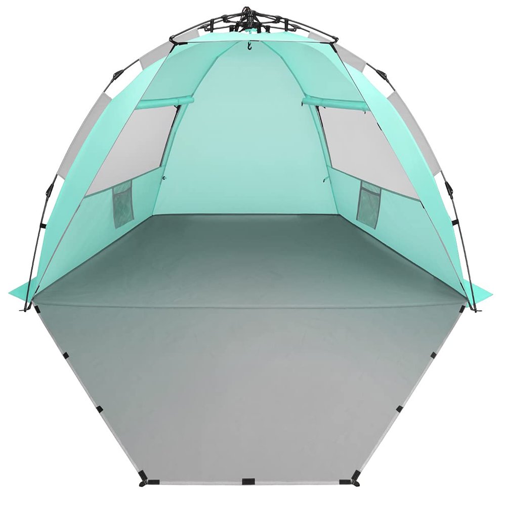 Oileus X-Large 4 Person Beach Tent Sun Shelter - Portable Sun Shade Instant Tent for Beach with Carrying Bag, Stakes, 6 Sand Pockets, Anti UV for Fishing Hiking Camping, Waterproof, Light Green