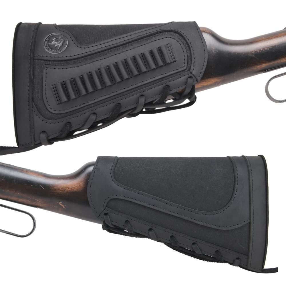 Leather Ammo Holder Buttstock Cheek Rest for 15pcs .22, .22LR, .22MAG, .17 hmr (Black)