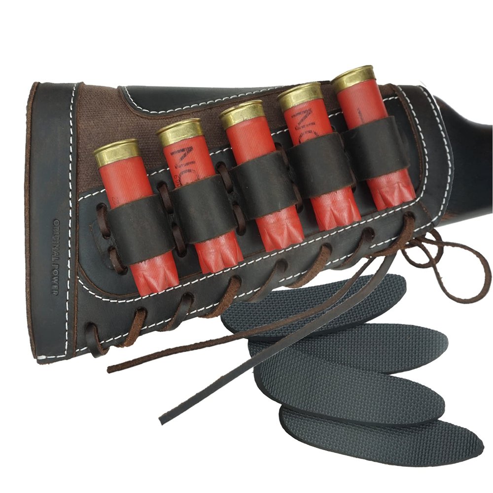 Adjustable Leather Buttstock Cartridge Ammo Holder for 12 Gauge Ammo Pouch Bag Stock 12GA Shotgun Shell Holder (Coffee)