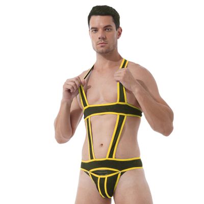 Oyolan Men's Contrast Color Bulge Pouch Jockstrap Leotard Underwear Jumpsuits Wrestling Singlet Bodysuit Yellow Large