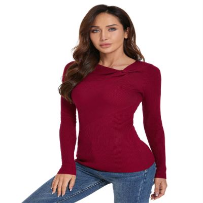 AmlieBoutik Women Asymmetric Twist Knot Neckline Ribbed Sweater(Red Large)