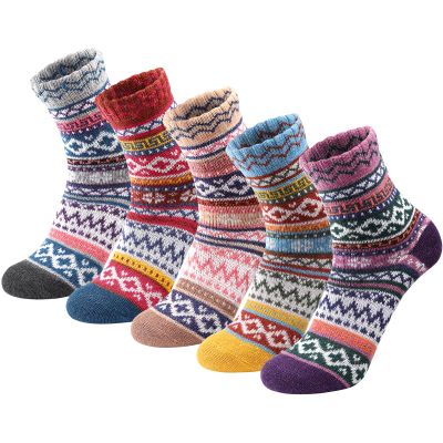 5 Pairs Wool Socks - Wool Socks for Women, Warm Cozy Crew Sock, Warm Womens Winter Sock, Thick Knit Cabin Cozy Sock Gifts for Women, 6-10