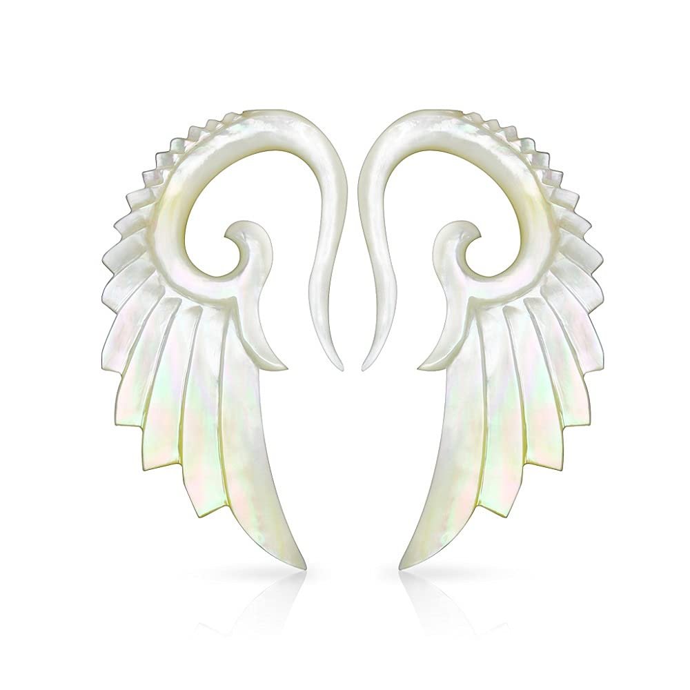 Pierced Owl Hand Carved Mother of Pearl Angelic Wing Hanging Taper Plugs, Sold as a Pair (3mm (8GA))