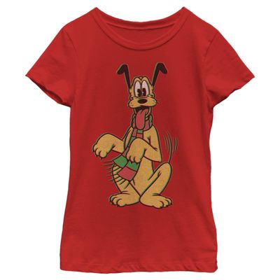 Disney Characters Pluto Holiday Colors Girl's Solid Crew Tee, Red, Medium