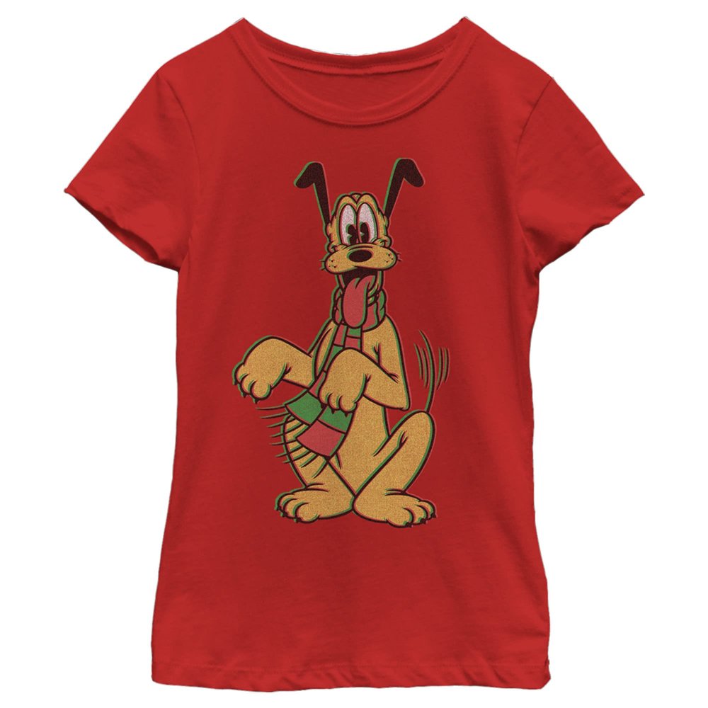 Disney Characters Pluto Holiday Colors Girl's Solid Crew Tee, Red, Medium