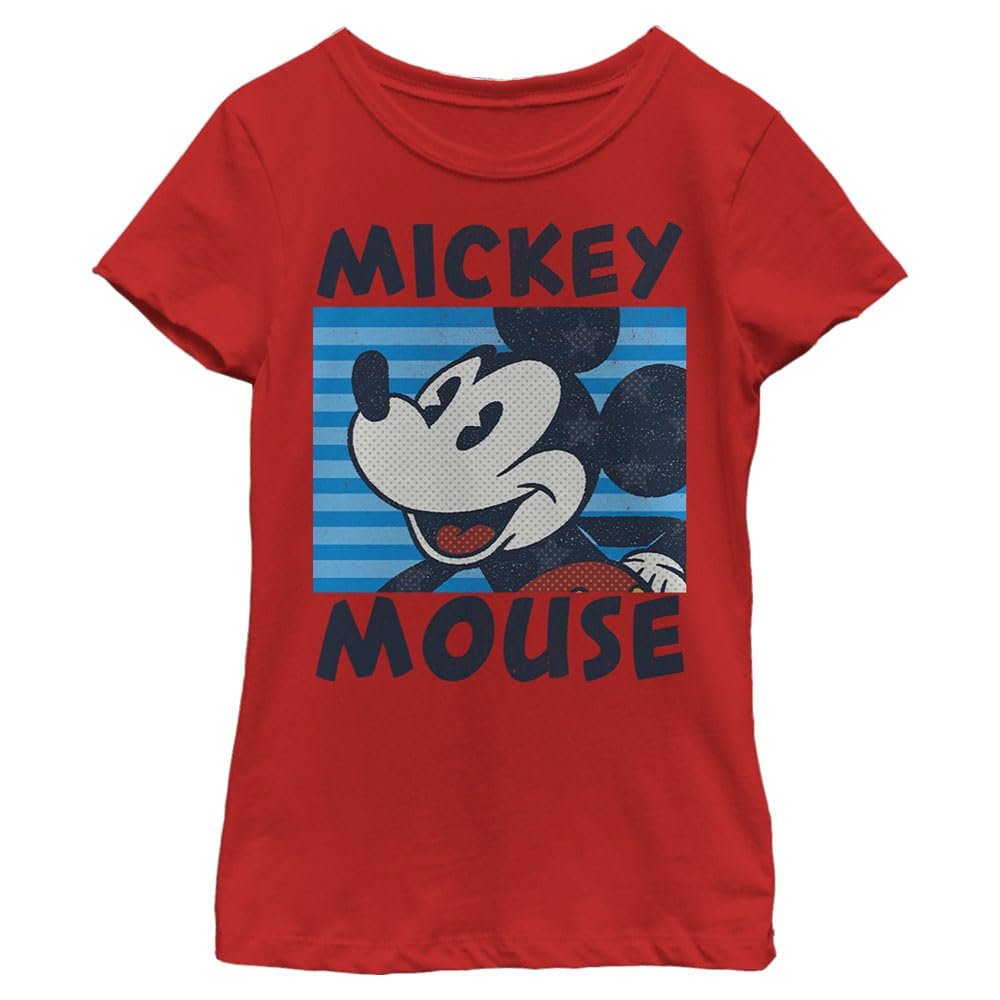 Disney Characters Mickeys Stripes Girl's Solid Crew Tee, Red, Medium
