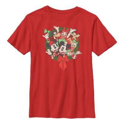 Disney Characters Mickey Friends Wreath Boy's Solid Crew Tee, Red, Large