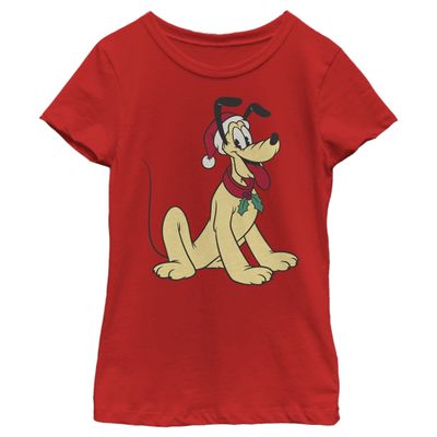 Disney Characters Pluto Hat Girl's Solid Crew Tee, Red, X-Small