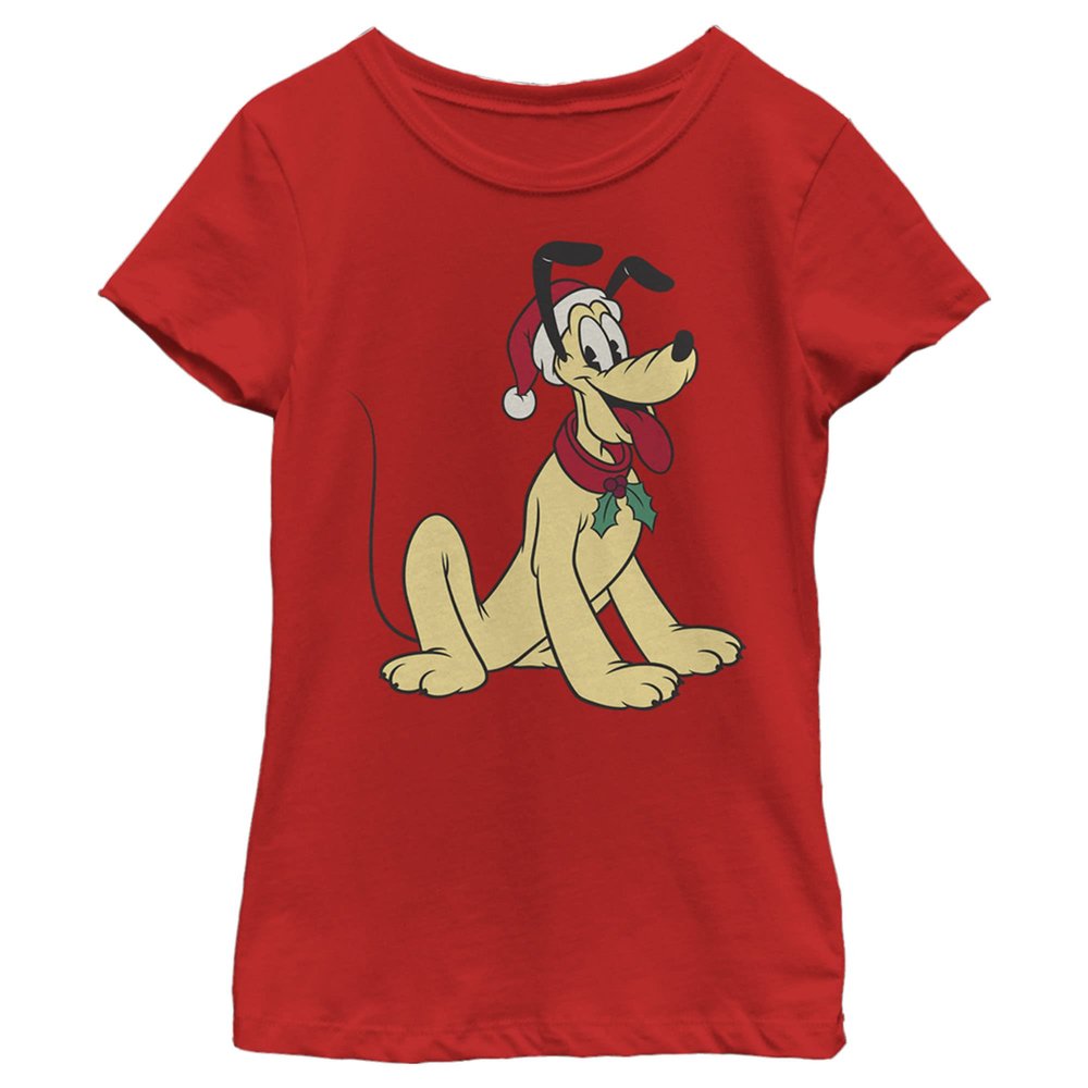 Disney Characters Pluto Hat Girl's Solid Crew Tee, Red, X-Small