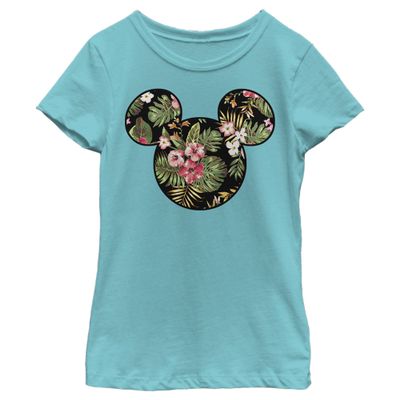 Girl's Mickey & Friends Floral Face T-Shirt - Tahiti Blue - X Small