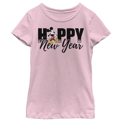 Disney Characters Mickey New Year Girl's Solid Crew Tee, Light Pink, Large