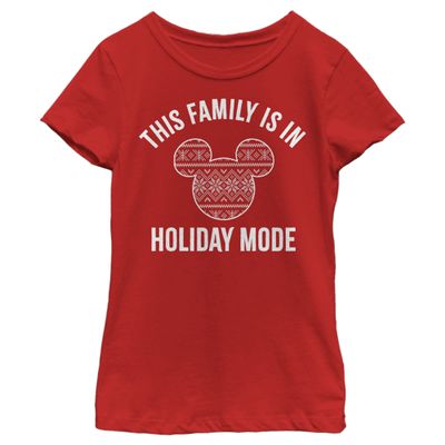 Disney Characters Family Holiday Mode Girl's Solid Crew Tee, Red, Large