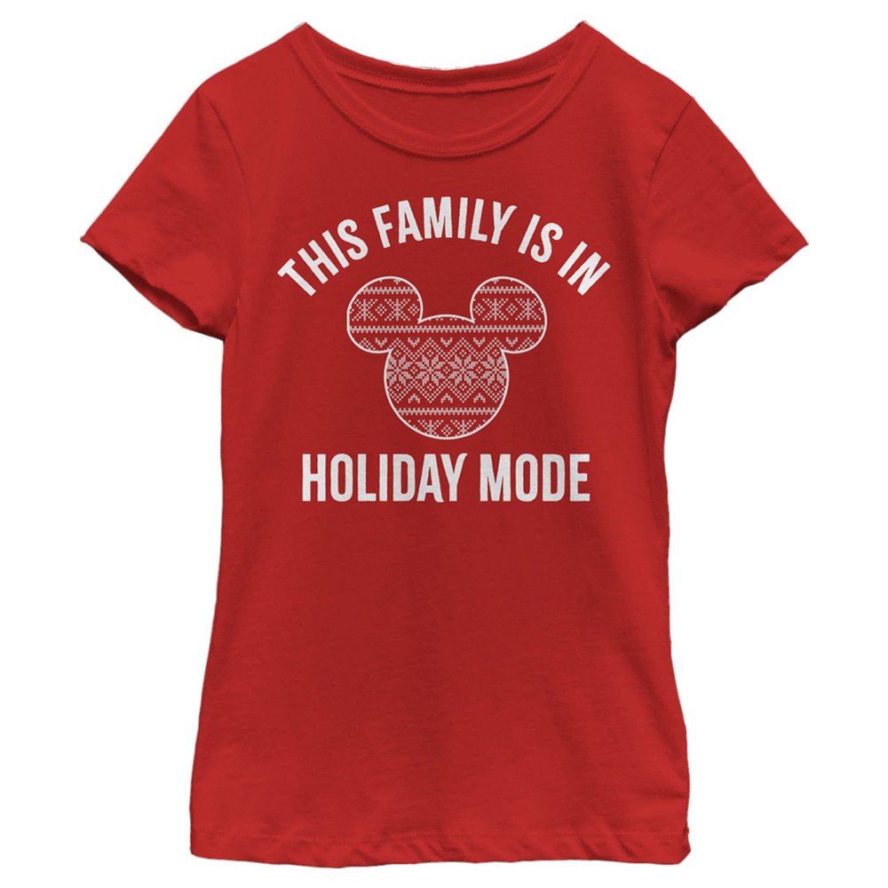 Disney Characters Family Holiday Mode Girl's Solid Crew Tee, Red, Large