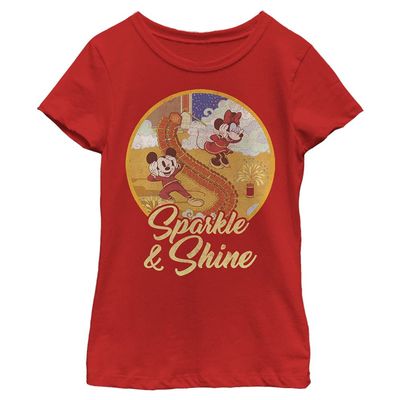 Disney Characters Sparkle and Shine Girl's Solid Crew Tee, Red, X-Small