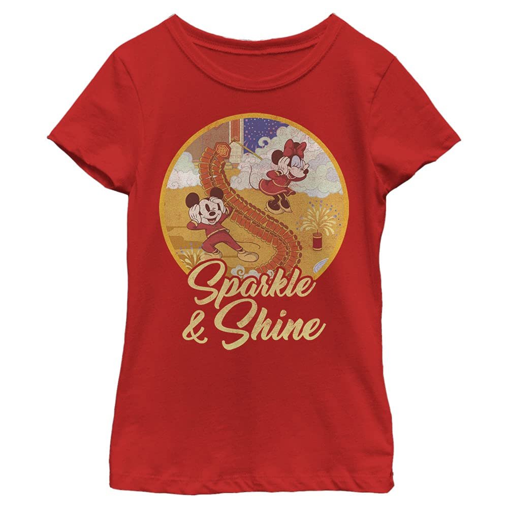 Disney Characters Sparkle and Shine Girl's Solid Crew Tee, Red, X-Small