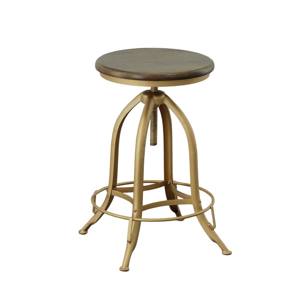 Carolina Chair & Table Ryder Adjustable Round Bar Stool - Powder Coated Finish Metal Frame Solid Wooden Seat Swivel Stool - Rustic Style Furniture for Counter, Dining Room, Kitchen (Elm/Gold)