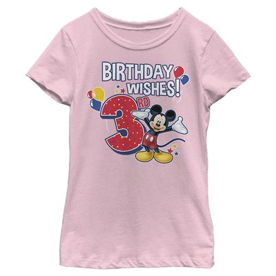 Disney Characters Mickey Birthday 3 Girl's Solid Crew Tee, Light Pink, X-Small