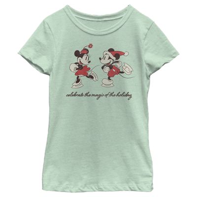 Disney Characters Vintage Holiday Skaters Girl's Heather Crew Tee, Mint, Large