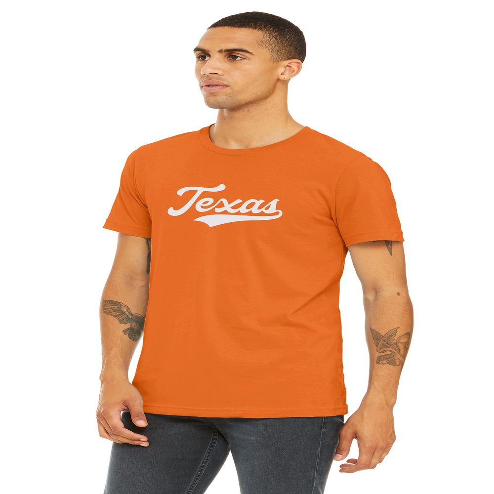 Daxton Adult Unisex Tshirt Texas Script with Vertical on The Back, Orange White, 2XL