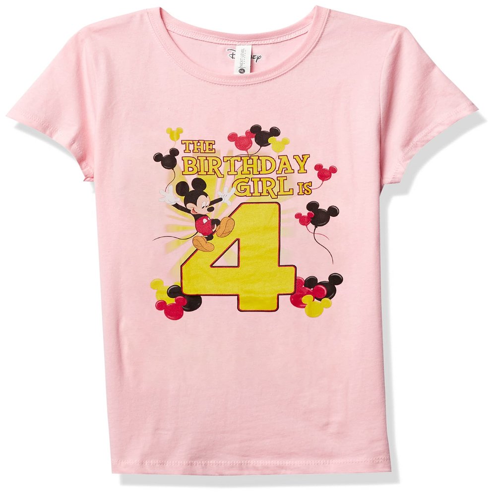 Disney Characters Mickey Birthday 4 Girl's Solid Crew Tee, Light Pink, X-Small