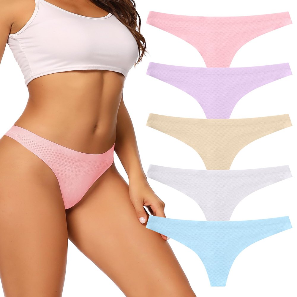 voenxe Seamless Women Underwear Thongs,No Show Ladies Thong,Invisible No Line Breathable Comfortable Panties Undies,Womens No Seam Soft Wide Gusset Tanga,Legging Underpants for Woman 5-Pack