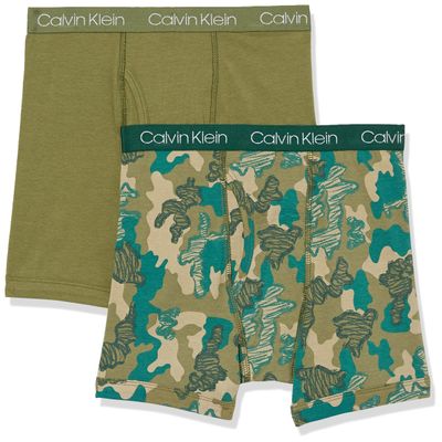Calvin Klein Kids Boys' Modern Cotton Boxer Brief Underwear 2-Pack, Olive/Green Camo, Medium