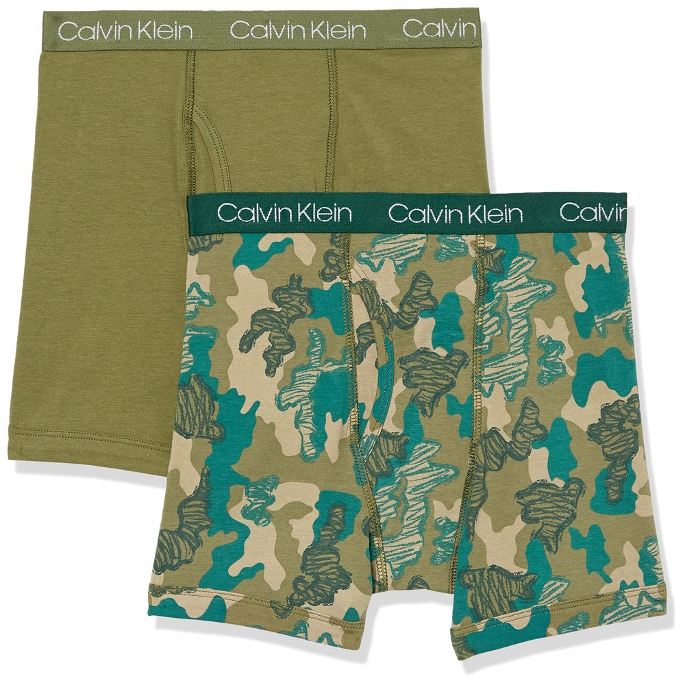 Calvin Klein Kids Boys' Modern Cotton Boxer Brief Underwear 2-Pack, Olive/Green Camo, Medium