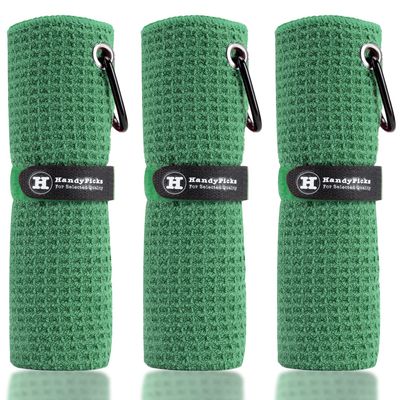 Handy Picks Microfiber Golf Towel (16" X 16") with Carabiner Clip, Waffle Pattern Golf Towel Hook and Loop Fastener - The Convenient Golf Cleaning Towel Dark Green