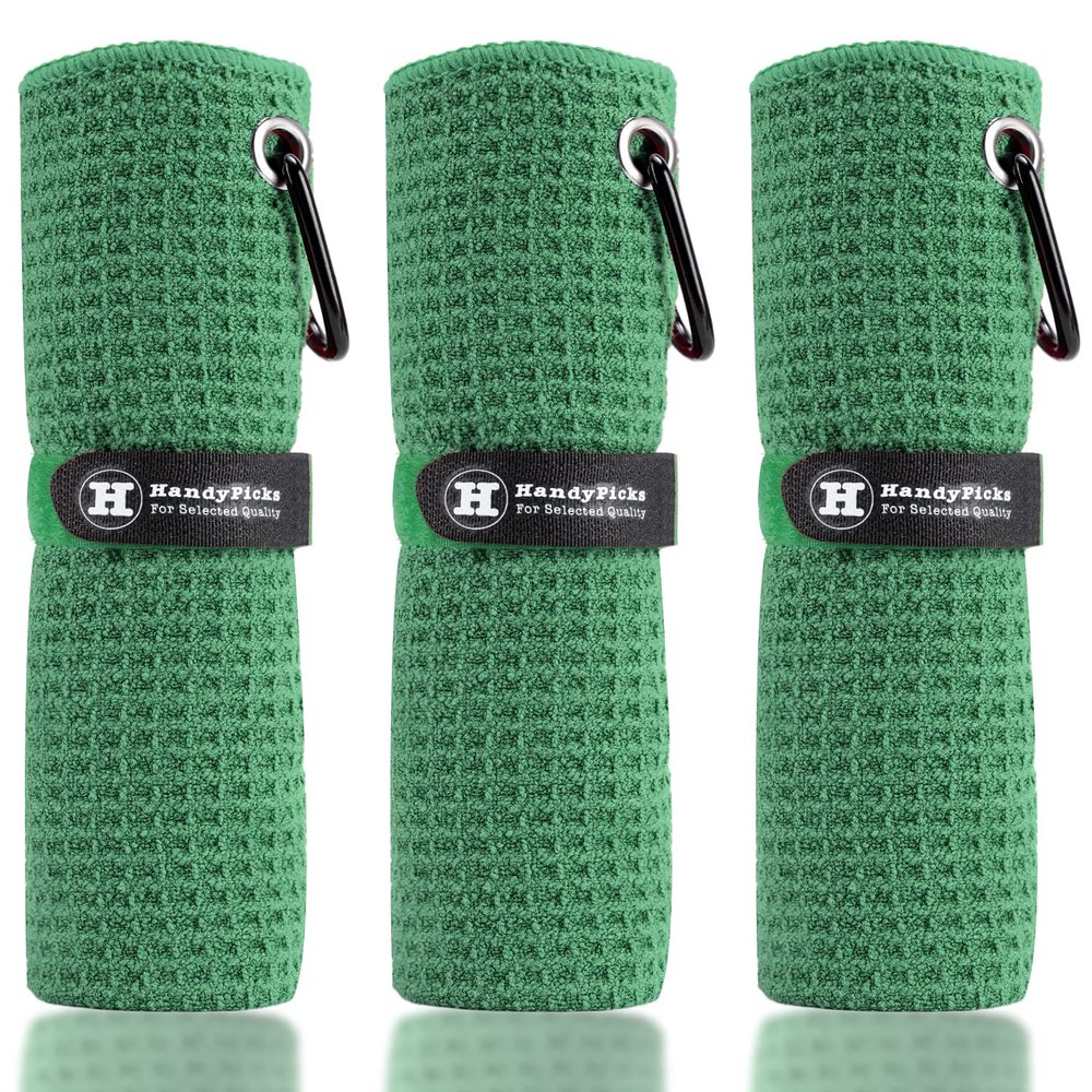 Handy Picks Microfiber Golf Towel (16" X 16") with Carabiner Clip, Waffle Pattern Golf Towel Hook and Loop Fastener - The Convenient Golf Cleaning Towel Dark Green