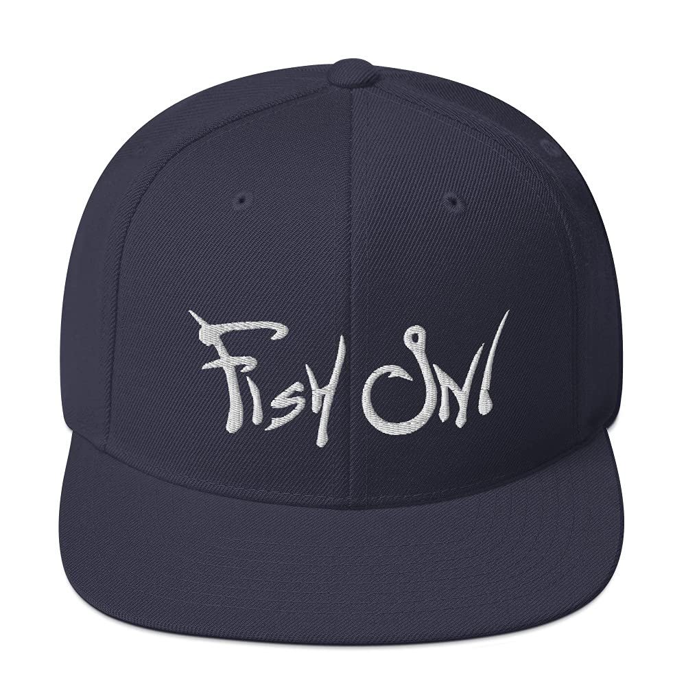 Fish On Hook Logo Fishing Embroidered Snapback Hat Cap Navy