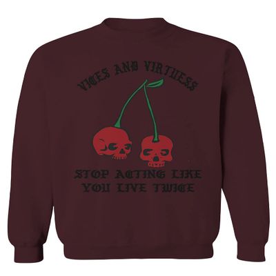 0398. Cool Motivational Quotes Graphic Skull Death Tattoo Art Cherry Good Society Men's Crewneck Sweatshirt (Maroon Large)