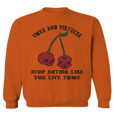 0398. Cool Motivational Quotes Graphic Skull Death Tattoo Art Cherry Good Society Men's Crewneck Sweatshirt (Orange Large)