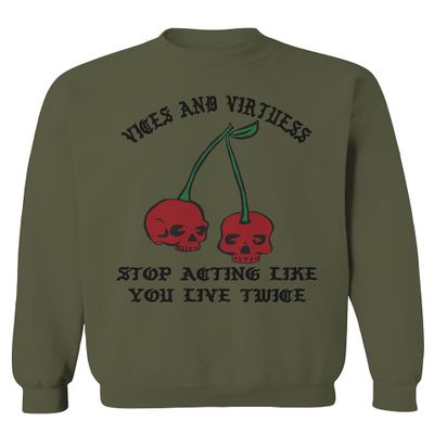0398. Cool Motivational Quotes Graphic Skull Death Tattoo Art Cherry Good Society Men's Crewneck Sweatshirt (Olive, Small)