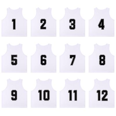 RE-HUO 12 Pack Numbered1-12 Scrimmage Vests/Sport Pinnies/Training Bibs For Basketball,Soccer, Volleyball and Baseball(white1-12,L)