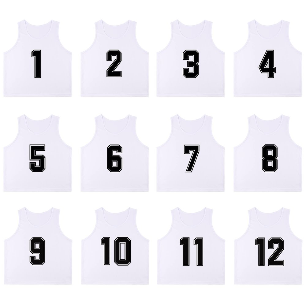 RE-HUO 12 Pack Numbered1-12 Scrimmage Vests/Sport Pinnies/Training Bibs For Basketball,Soccer, Volleyball and Baseball(white1-12,L)