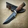Damascus steel fixed blade knife with Leather sheath, round wood scale with brass finger guard and cap, 8 inches long skinning knife (Brown) view 1